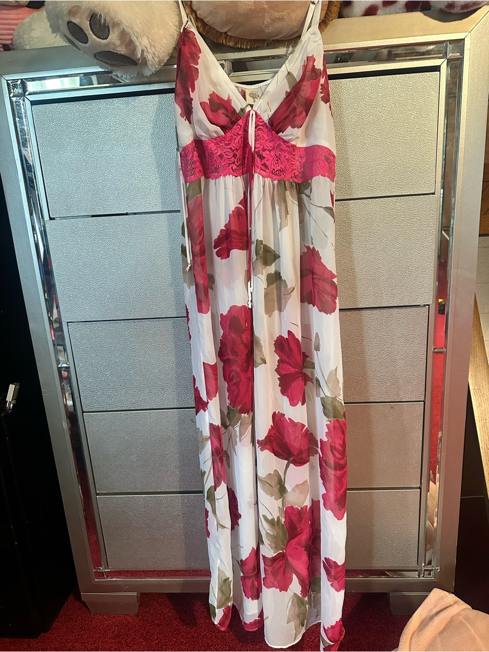 White Floral Maxi Dress with Pink Lace Empire Waist